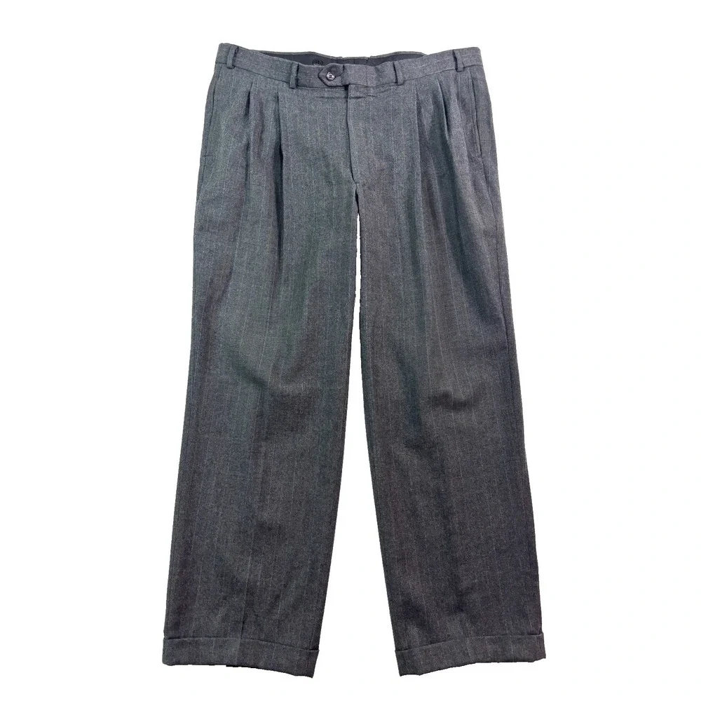 vtg USA Made 46R 40x30 Gray Tan Stipe Flannel Wool 2pc Pant Suit Pleated Cuffed
